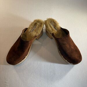 Steve Madden Tan Faux-Fur Suede Clog Mules